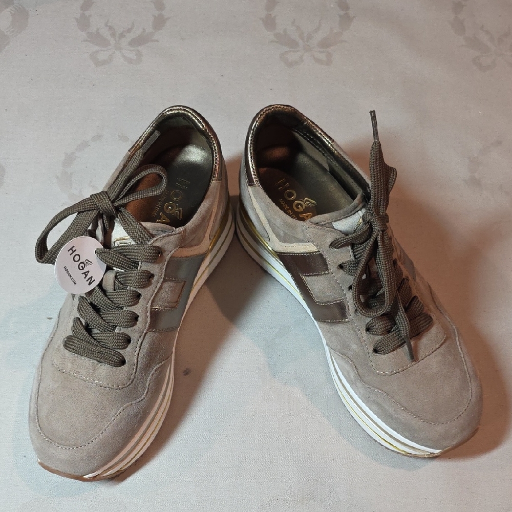 Hogan Women's Taupe and Gold Suede Sneakers